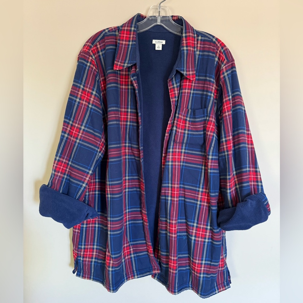 L.L. Bean Fleece Lined Plaid Button Up Shirt in Blue and Red